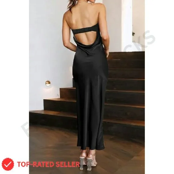 Satin Strapless Backless Maxi Dress Elegant Formal Party Bodycon Chic - Picture 5 of 8